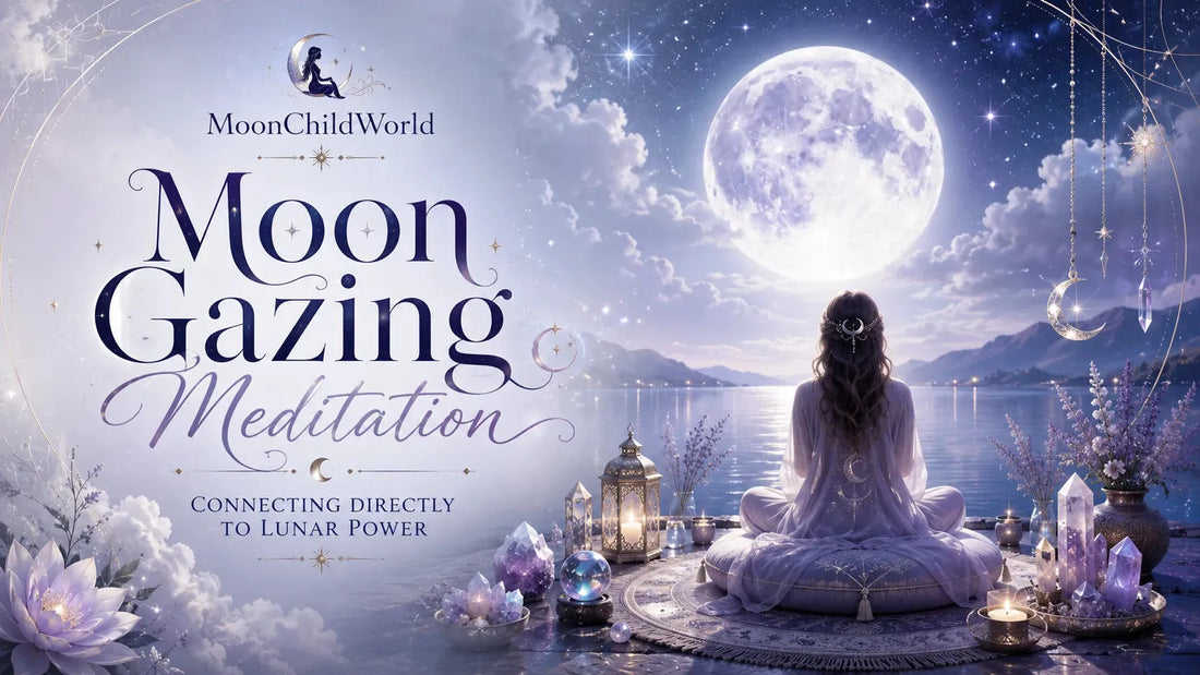 Woman practicing moon gazing meditation by a tranquil lake with crystals and candles under a full moon