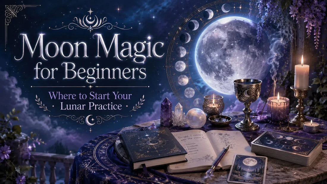 Moon magic for beginners altar setup with candles, crystals, tarot cards, and a mystical full moon background