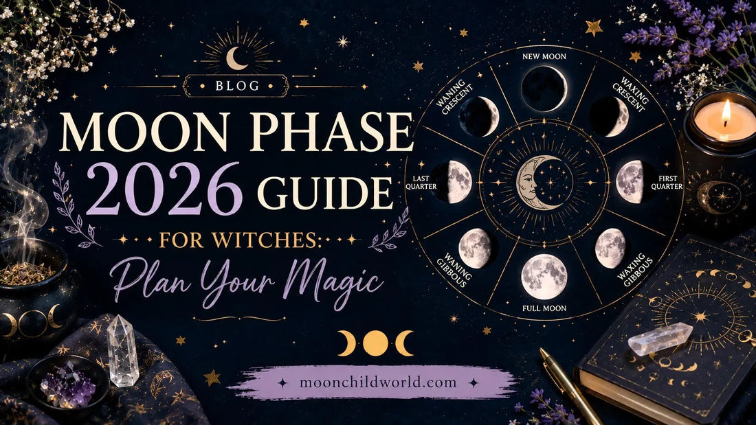 Witch planning rituals by candlelight with crystals, calendar, and moon phase 2026 chart for spiritual guidance