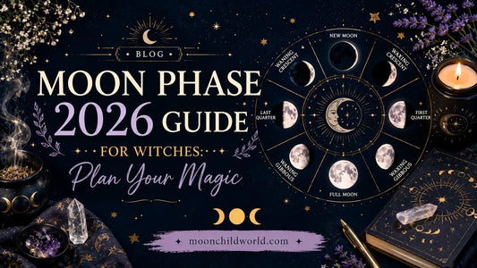 Witch planning rituals by candlelight with crystals, calendar, and moon phase 2026 chart for spiritual guidance