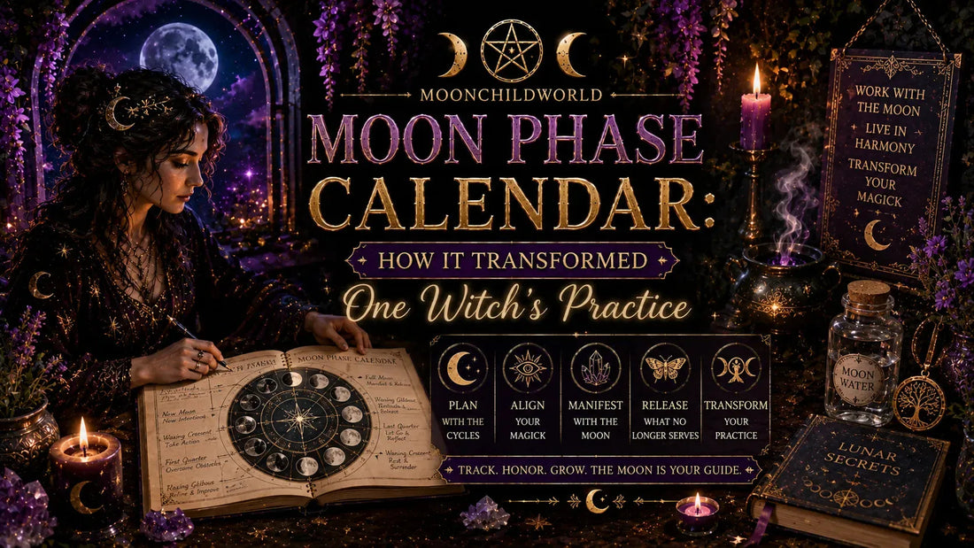 Moon phase calendar with mystical altar decor, crystals, and a full moon for spiritual rituals and inspiration