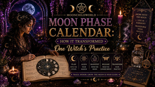 Moon phase calendar with mystical altar decor, crystals, and a full moon for spiritual rituals and inspiration