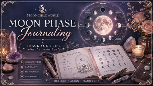 Moon phase journaling setup with crystals, candles, and a lunar cycle tracker for mindful reflection