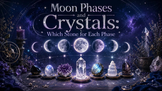Moon phases and crystals displayed with matching stones for each lunar phase in a mystical setting