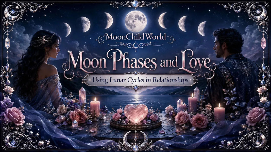 Romantic moon phases and love theme with couple, candles, and flowers under a starry night sky