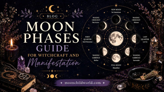 Moon phases altar setup for lunar manifestation magic and witchcraft rituals with crystals and candle