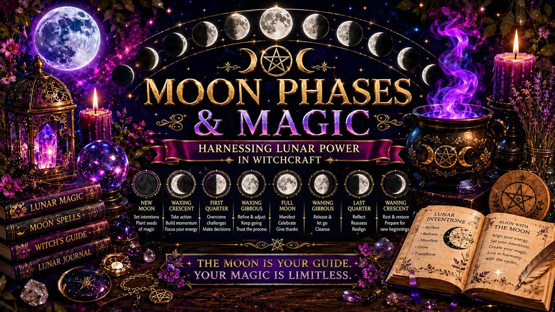 Moon phases and magic guide with lunar spell books, crystals, candles, and cauldron for witchcraft inspiration