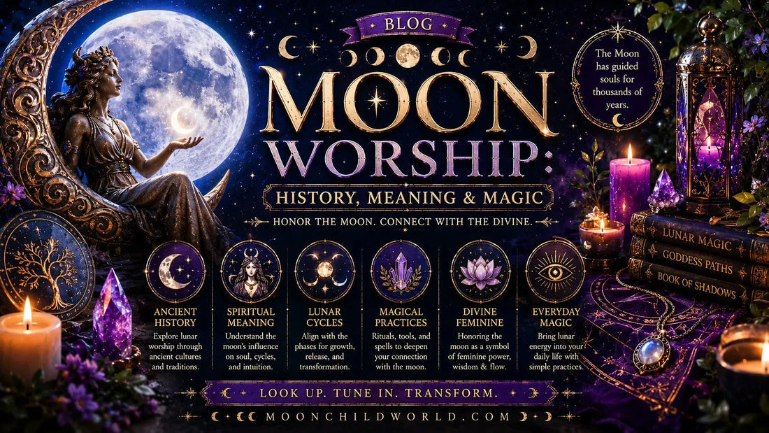 Moon worship altar with goddess statue, crystals, candles, and mystical decor for spiritual inspiration