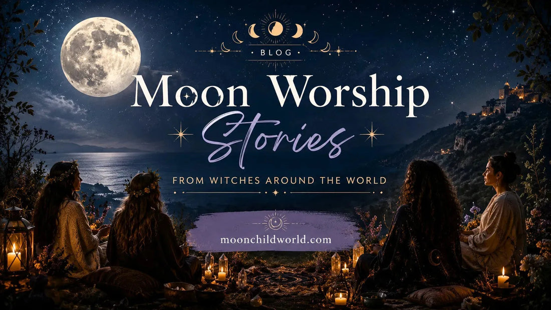 Full moon ritual altar with crystals and candlelight on the beach for moon worship inspiration