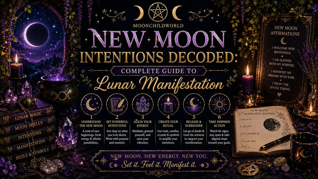Mystical new moon intentions guide with candles, crystals, and journal for lunar manifestation rituals
