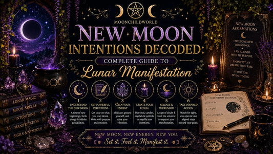 Mystical new moon intentions guide with candles, crystals, and journal for lunar manifestation rituals