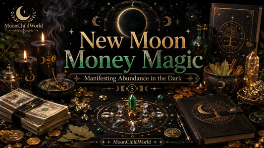 Ritual setup for new moon money magic with candles, crystals, cash, and abundance manifestation tools