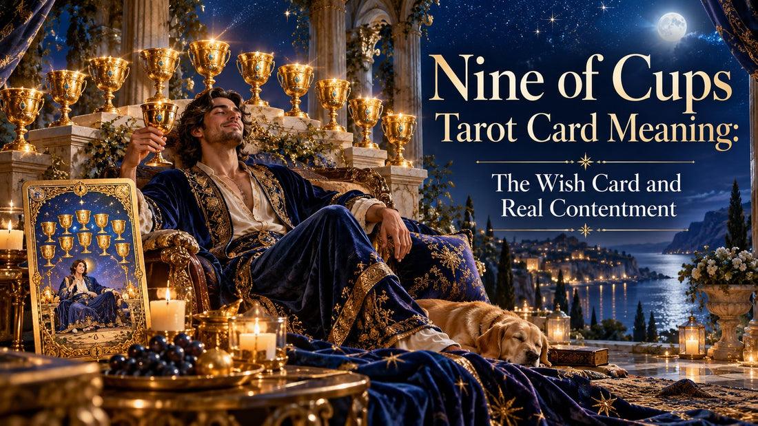 Nine of Cups tarot card meaning banner with the Nine of Cups card beside candles and golden cups