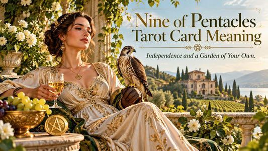 Nine of Pentacles tarot card meaning banner with the Nine of Pentacles card in a sunlit scene