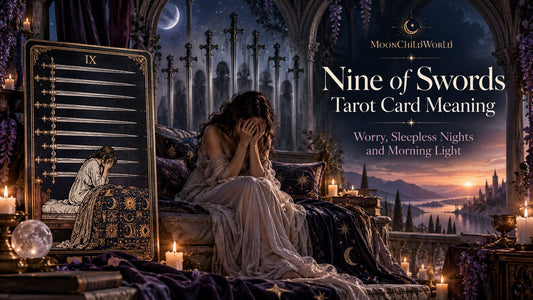 Nine of Swords tarot card meaning banner with the Nine of Swords card in a candlelit stone hall
