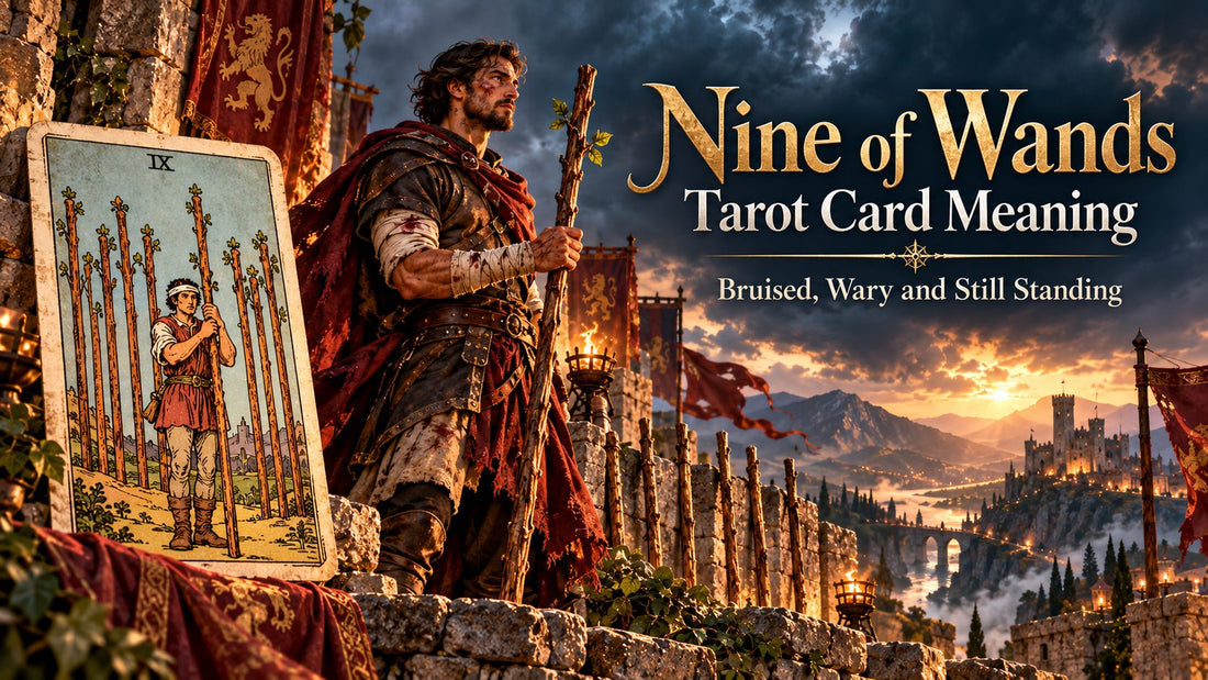 Nine of Wands tarot card meaning banner with the Nine of Wands card in a sunlit scene