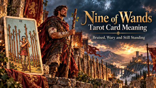 Nine of Wands tarot card meaning banner with the Nine of Wands card in a sunlit scene