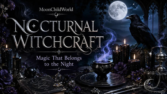 Nocturnal witchcraft altar with candles, crystals, and a raven under the full moon for magical night rituals