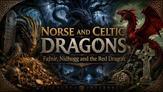 Norse and Celtic dragons depicted with Fafnir, Nidhogg, and a red dragon in mythic fantasy art