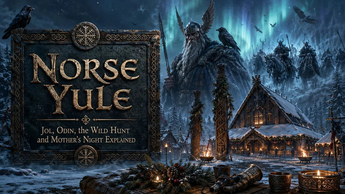 Norse Yule traditions with Odin, festive Viking village, and winter celebration under northern lights