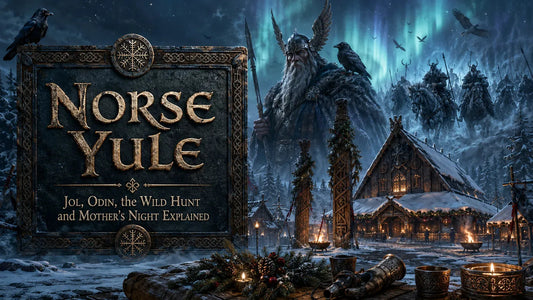 Norse Yule traditions with Odin, festive Viking village, and winter celebration under northern lights