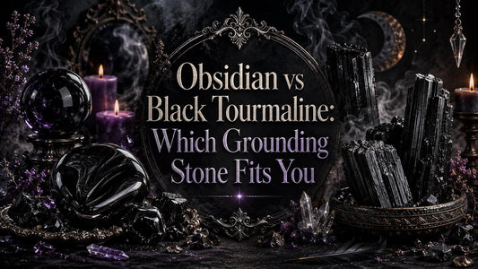 Obsidian and black tourmaline grounding stones displayed with candles and crystals for spiritual energy guidance
