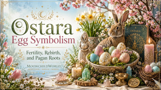 Ostara egg symbolism with decorated eggs, spring flowers, and a rabbit celebrating fertility and rebirth