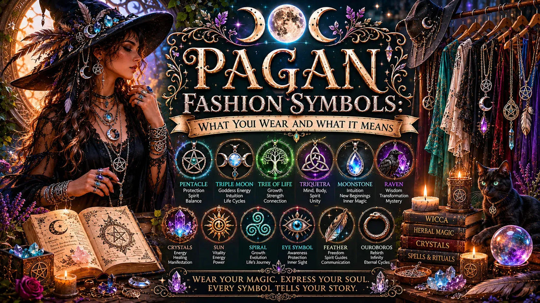 Pagan fashion symbols guide with mystical jewelry, crystals, and witchy accessories for spiritual style inspiration