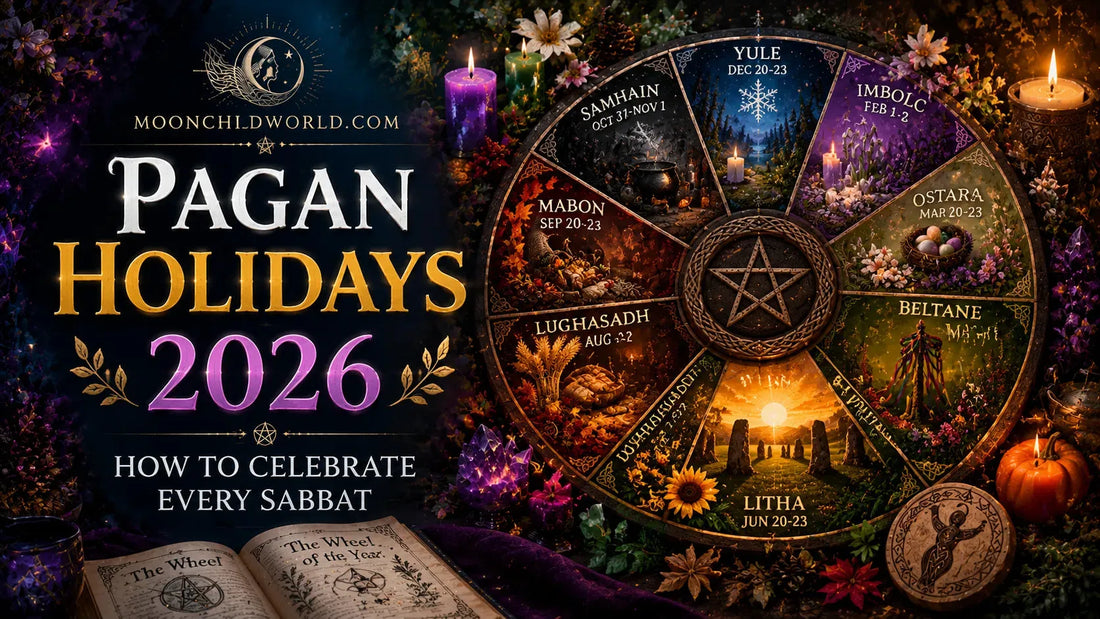 Colorful wheel of the year with pagan holidays 2026, seasonal altar decor, and ritual celebration inspiration