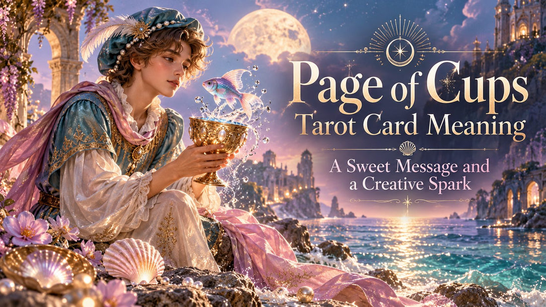 Page of Cups tarot card meaning banner with the Page of Cups card beside candles and golden cups