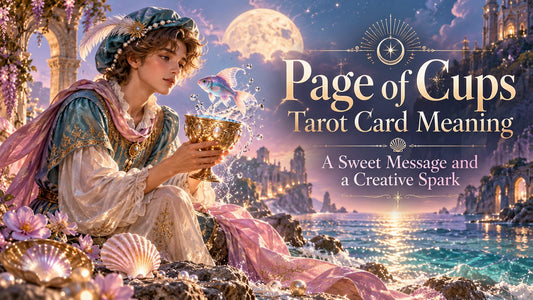 Page of Cups tarot card meaning banner with the Page of Cups card beside candles and golden cups