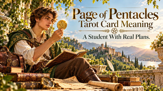 Page of Pentacles tarot card meaning banner with the Page of Pentacles card in a sunlit scene