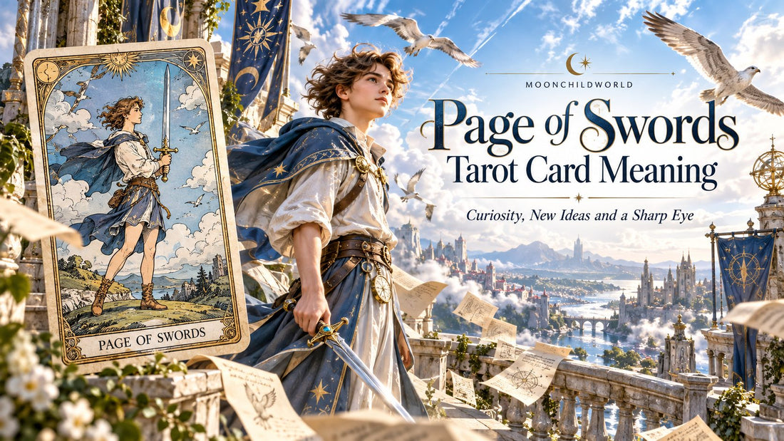 Page of Swords tarot card meaning banner with the Page of Swords card in a candlelit stone hall