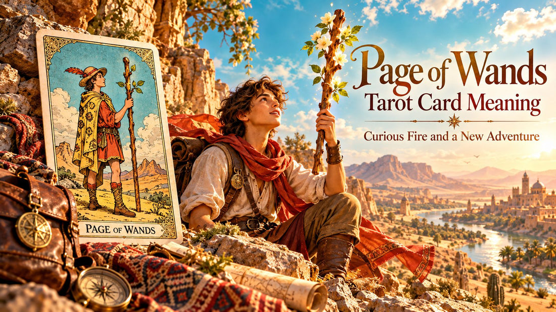 Page of Wands tarot card meaning banner with the Page of Wands card in a sunlit scene