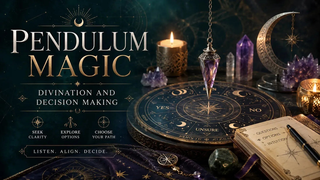 Pendulum magic tools for divination and decision making with candles, crystals, and mystical symbols