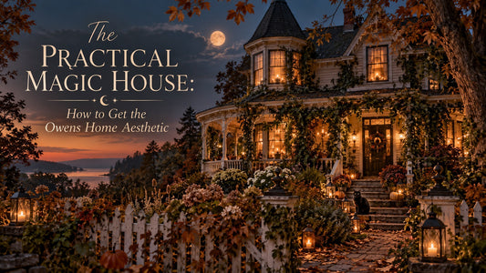 Victorian Owens-style house at dusk under a full moon, overgrown autumn garden, lanterns and a black cat on the porch steps