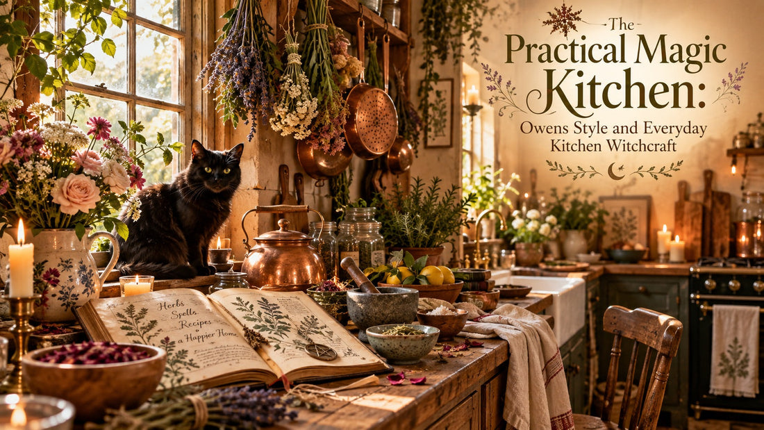 Witch's kitchen with drying herbs, copper pots, an open recipe book and a black cat by a sunlit window
