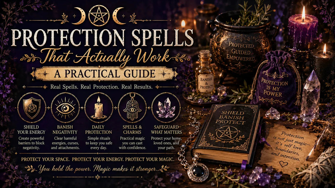 Protection spells practical guide with magical items, crystals, and candles for real protection rituals