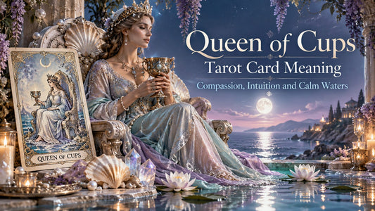 Queen of Cups tarot card meaning banner with the Queen of Cups card beside candles and golden cups
