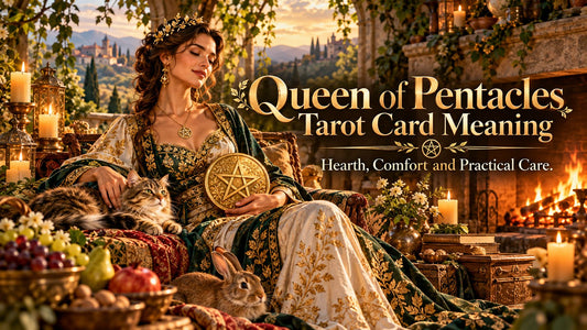 Queen of Pentacles tarot card meaning banner with the Queen of Pentacles card in a sunlit scene
