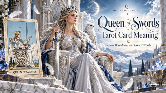Queen of Swords tarot card meaning banner with the Queen of Swords card in a candlelit stone hall