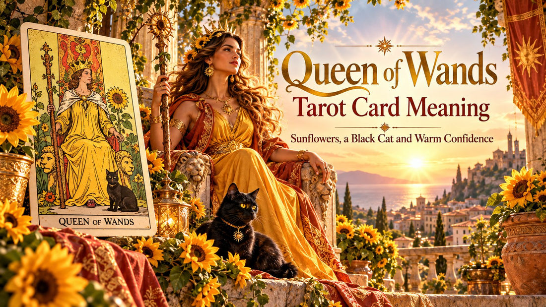 Queen of Wands tarot card meaning banner with the Queen of Wands card in a sunlit scene