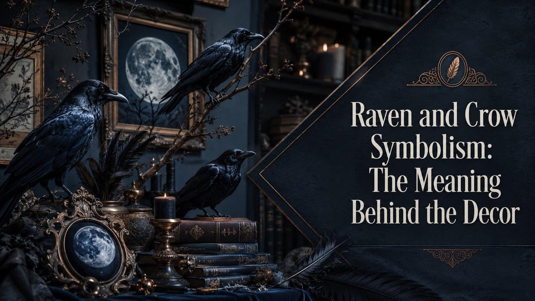 Raven and crow symbolism in mystical home decor with dark feathers, candles, and moonlit artwork