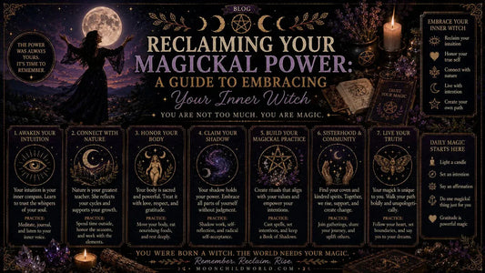 Witch standing under a full moon with mystical symbols, embracing your magickal power and inner witch guidance