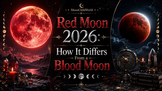 Red moon 2026 with mystical crystals, candles, and celestial decor for modern witches and spiritual seekers