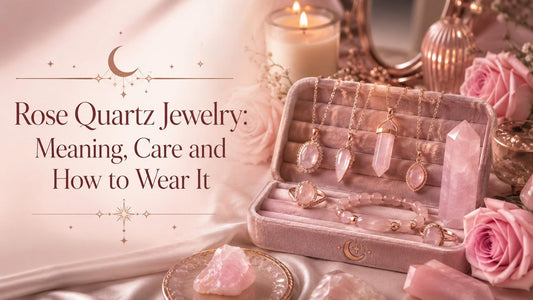 Elegant rose quartz jewelry set with necklaces, rings, and crystals styled for meaning and care tips