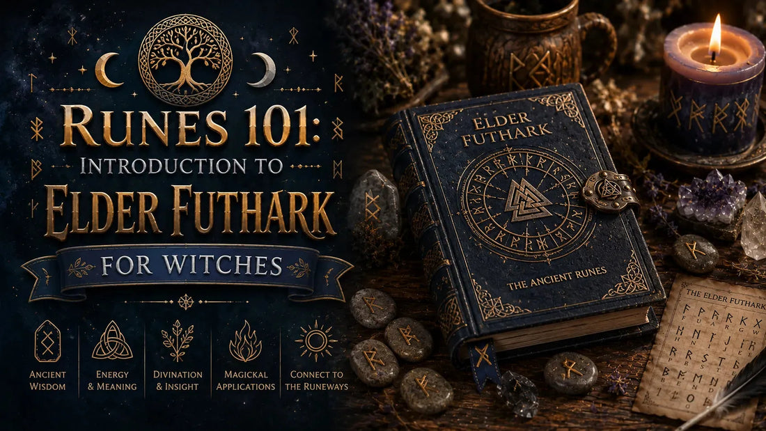 Runes 101 guidebook with Elder Futhark runestones, candle, and mystical decor for witches