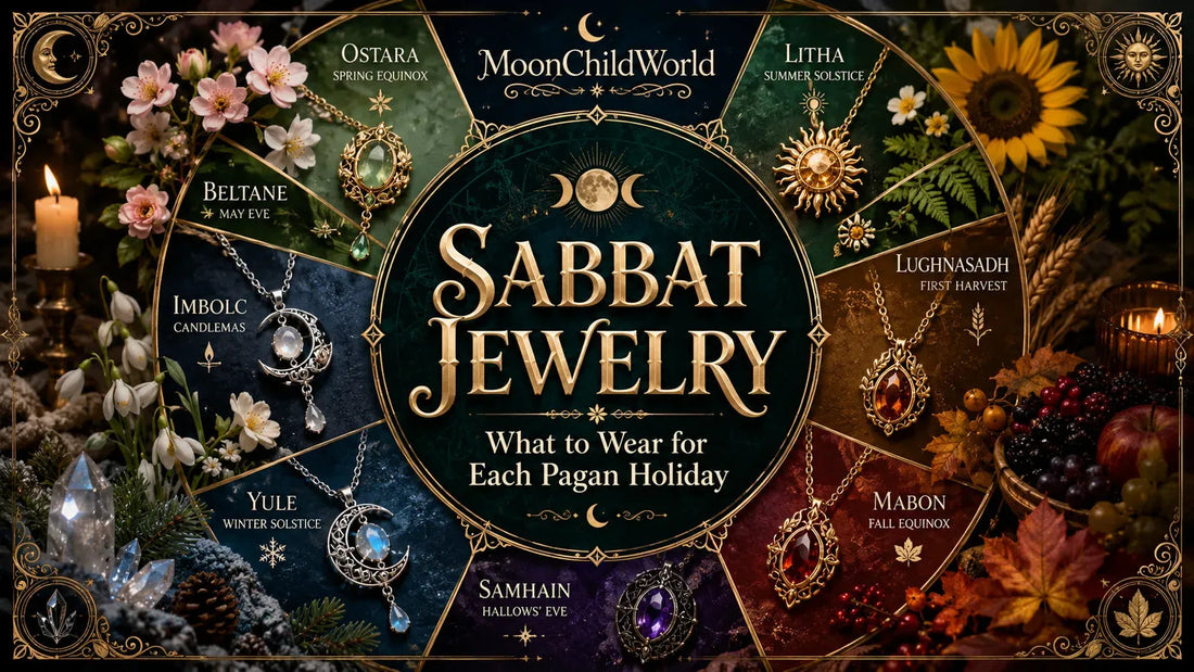 Elegant sabbat jewelry for each pagan holiday displayed with seasonal flowers, crystals, and festive decorations