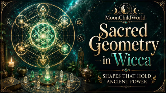 Sacred geometry in Wicca with glowing symbols, crystals, and candles for mystical spiritual practices