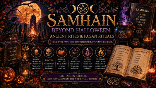 Samhain ancient rites and pagan rituals illustrated with mystical symbols, bonfire, and moonlit autumn forest